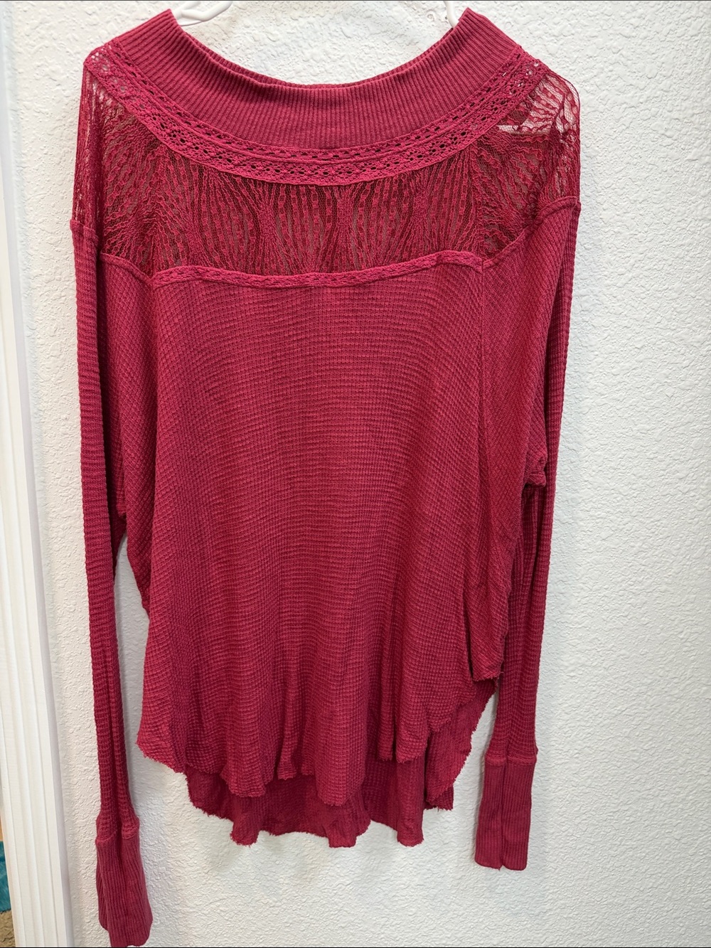 Free People Lace Yoke Waffle Knit Long Sleeve Top in Raspberry
